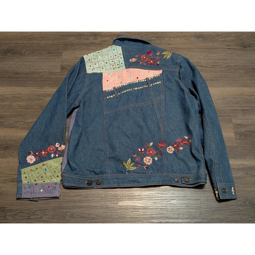 New Direction Womens Denim Jacket Blue Patchwork Floral Embroidered‎ Sequins